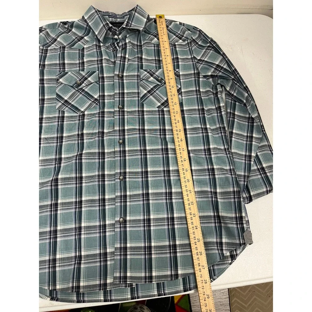 Banana Republic Mens M‎ Western Snap Front Plaid Shirt Teal Navy Long Sleeve